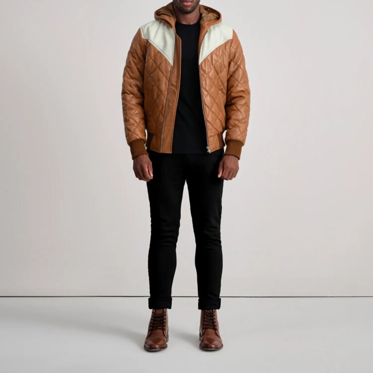 Mens Norman Tan Hooded Bomber Leather Puffer Jacket Full Length-2-1733754045279